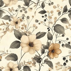 Faded Botanical Illustrations Seamless Pattern with Delicate Flowers and Leaves for Elegant Design Projects