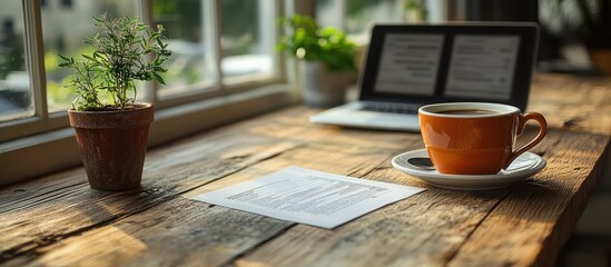 Cozy workspace with coffee, laptop, and document on rustic wooden table by window.