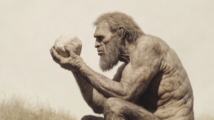 Fototapeta premium Ancient man examines stone, prehistoric landscape