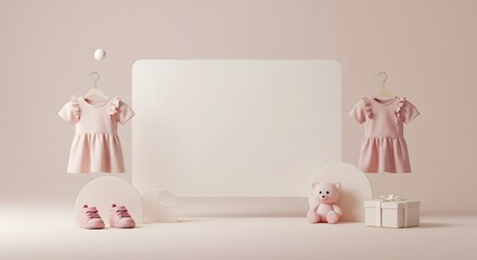 Minimal Pink Baby Girl Scene with Dresses, Shoes and  Bear toy, Mock-up Frame with Copy Space