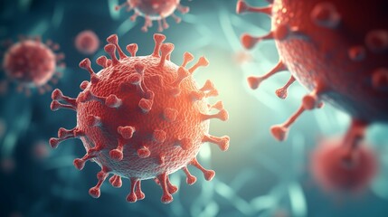 Illustration of Microscopic View of a Red Spiky Virus Cell in a Scientific Environment. 
