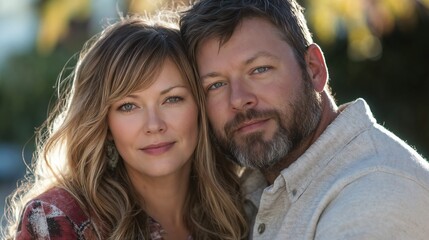 Fototapeta premium Mature couple sharing intimate outdoor portrait in natural light. Ideal for relationship longevity, authentic love, and lifestyle content
