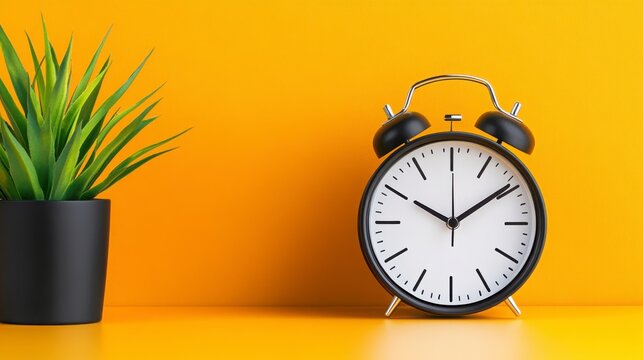 Black Alarm Clock on Bright Yellow Surface with Green Plant