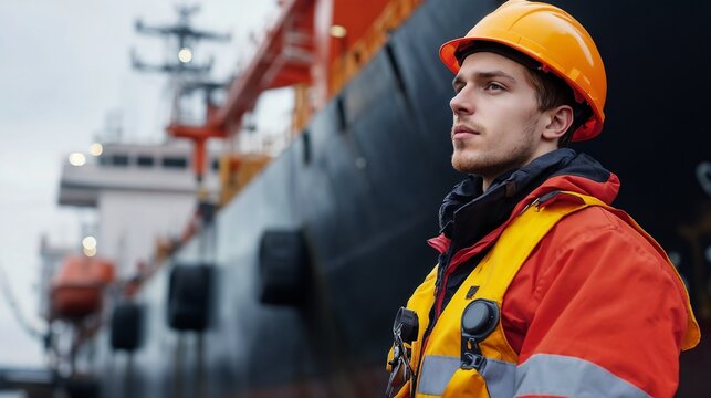 Maritime worker in safety gear at industrial port. Perfect for shipping industry, maritime operations, and professional safety