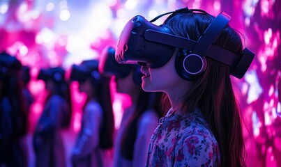 Naklejka premium A group of children immersed in virtual reality headsets, their avatars soaring through fantastical worlds, blurring the lines between reality and, Generative AI