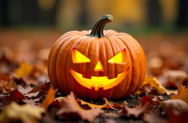 A Halloween pumpkin with a yellow light inside lies on dry fallen leaves.