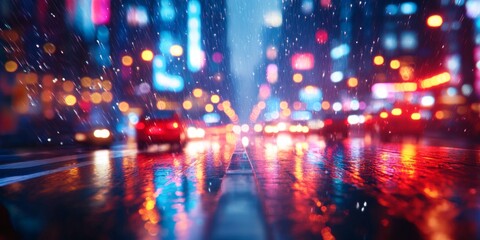 Obraz premium Rainy night cityscape with neon reflections on the wet streets