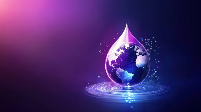 Elegant design of a water drop encompassing Earth, symbolizing the global importance of protecting our freshwater resources.
