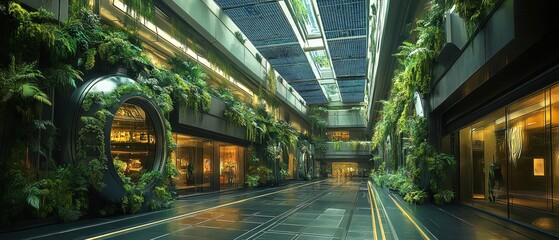 Lush green plants thrive in a futuristic indoor walkway.