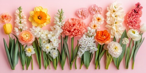 Obraz premium Beautiful Spring Flowers in Pastel Colors on Pink Background, Floral Arrangement for Greeting Card