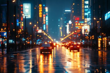 Obraz premium Nighttime cityscape with bright neon reflections on wet streets