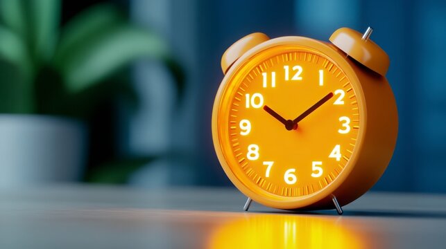 Bright Orange Alarm Clock on Table with Soft Background Lighting