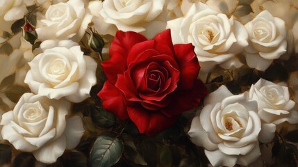 Obraz premium Red rose amidst white roses, artistic floral arrangement