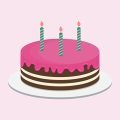 Birthday cake with candles.Chocolate layer cake with pink cream on top.Cute valentine, wedding, anniversary cake.Vector graphic illustration.
