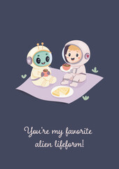 Space funny postcard, astronaut drinking tea with alien. Vector simple illustration