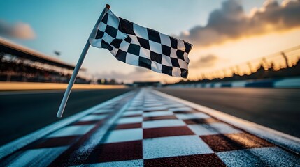 checkered flag waving from gantry above racing track showing final lap victory at motorsport speedway competition finish line