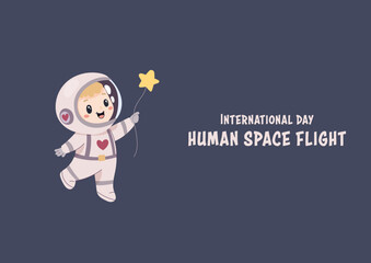 International day of human flight to the moon. star balloon and austronaut , postcard banner poster .