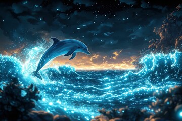 Fototapeta premium Dolphin leaps ocean waves sunset glow