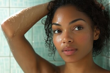 Naklejka premium African american woman in bathroom applying deodorant, Generative AI