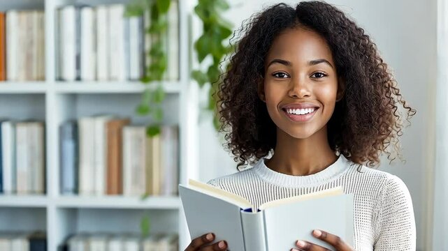 Smiling Woman Reading Book in Library: A young woman with a radiant smile holds an open book, surrounded by bookshelves filled with literature, creating a serene and studious atmosphere.  