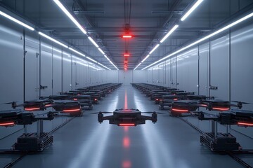 Symmetrical view of an industrial tunnel with bright overhead lights
