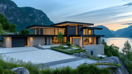 Norwegian Cliffside Retreat with Fjord Views and Glass Facade, Modern Nordic Estate