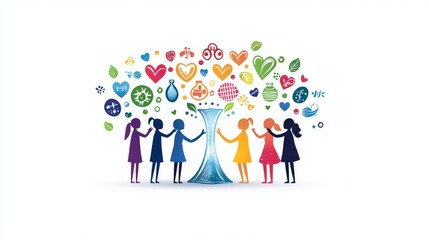 Playful and colorful World Water Day design featuring a group of diverse people sharing water, with graphic elements such as hearts and eco-friendly symbols.