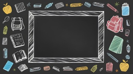 Hand-Drawn Chalkboard Frame with School Supplies Doodles – Blackboard Background for Education, PowerPoint Template, Slide Presentation, Classroom Theme, Sketch Style, and Creative Design