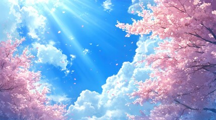 Cherry blossom sunbeams, spring sky, digital art, background