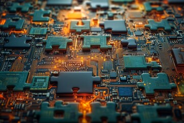 Obraz premium Close-up of a complex circuit board with glowing orange lights