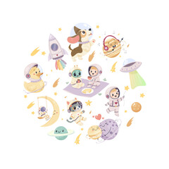 A set of cute space illustrations. Astronauts, rocket, cute cat and dog, duck, planets. Print, sublimation