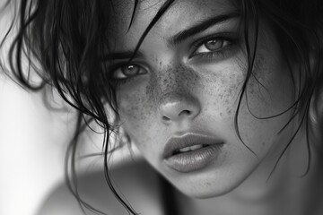 Fototapeta premium Black and white portrait of a young woman with intense eyes and wet hair