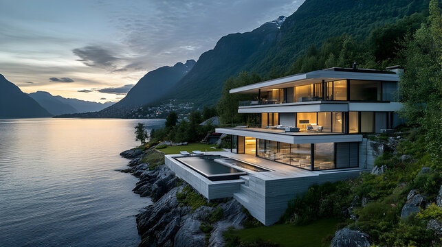 Norwegian Cliffside Retreat with Fjord Views and Glass Facade, Modern Nordic Estate