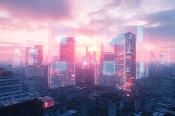 Fototapeta premium Futuristic city skyline at dawn with a pinkish-orange gradient sky