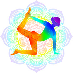 Colorful silhouette of woman practicing Vyaghrasana yoga pose. Kneeling Bow pose. Isolated vector illustration