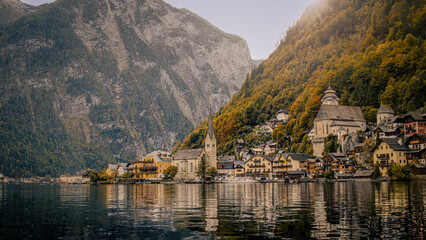 View of Hallstatt, Austria, from the lake with the mountains in the background.