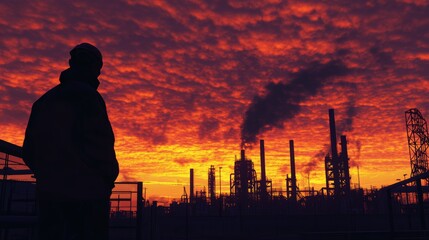 A Worker Contemplating an Industrial Horizon Under a Fiery Sunset