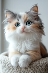 Fluffy kitten with striking blue eyes resting comfortably on a cozy perch during a sunny afternoon indoors