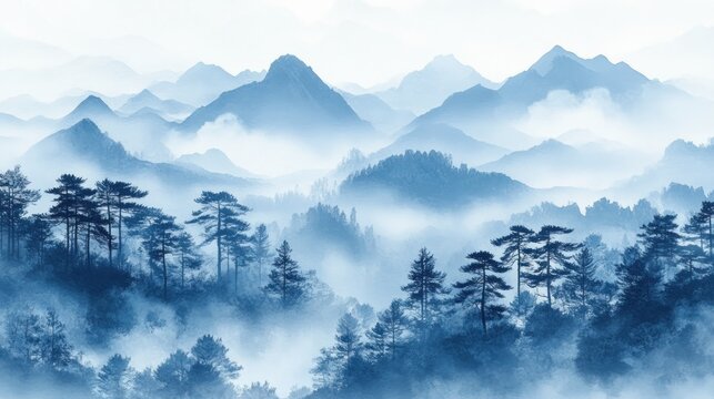 Misty mountain range, tranquil forest, serene landscape, wall art