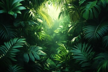 Lush green tropical foliage, sunlight through leaves