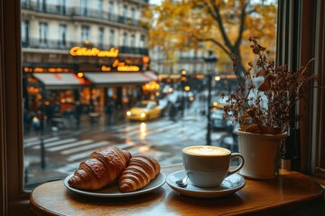 Cozy cafe setting in Paris featuring croissants and coffee during a rainy afternoon