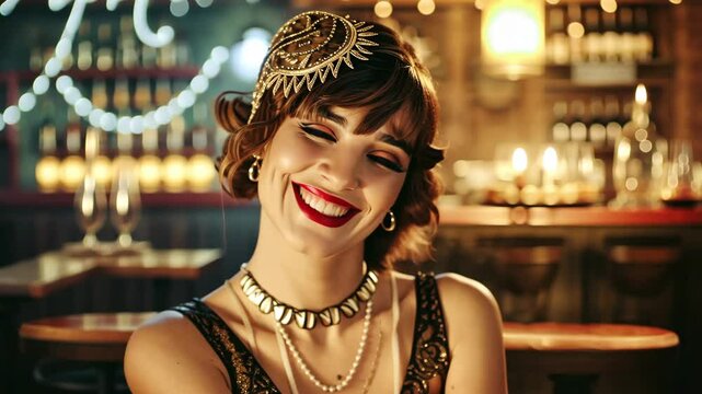 Roaring Twenties Glamour: A captivating portrait of a woman radiates joy and elegance in a 1920s-inspired flapper dress, headband, and pearl necklace, set against the warm.