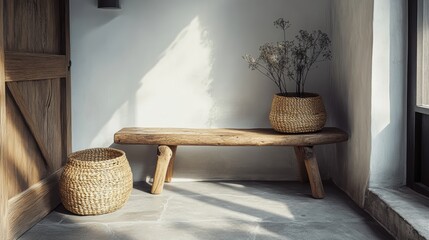 Rustic wooden bench featuring woven baskets and dried floral arrangement