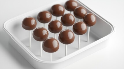 Chocolate cake pops in tray, white background