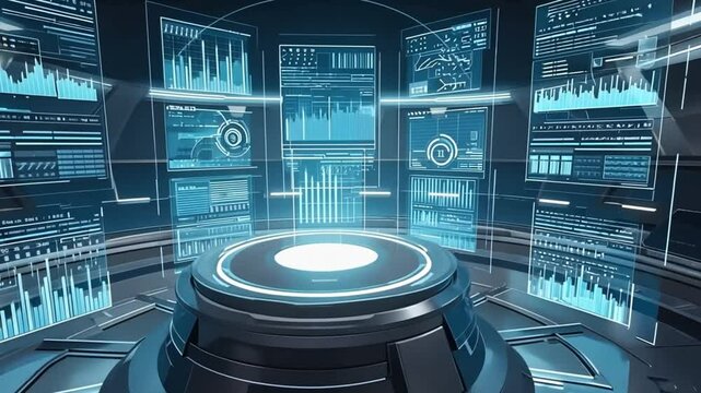 Central hub surrounded by floating screens displaying real-time data analytics and statistics, 4K Motion Graphics background Animation Video