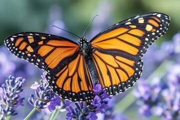 Monarch butterfly perched on purple lavender flowers