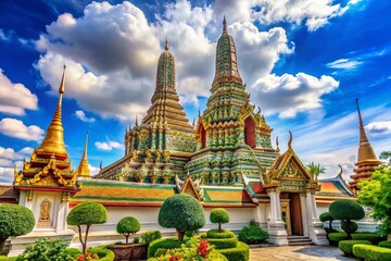 Fototapeta premium Wat Arun Ratchawararam Temple, Bangkok, Thailand - Majestic Buddhist Temple against a Vivid Blue Sky