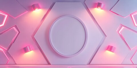 A trapezoidal white wall with four magenta spotlights, holding one oversized oval blank frame at the center. The surrounding glowing geometric tiles add a futuristic ambiance.