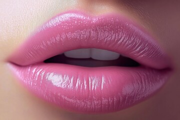 Obraz premium Beautifully shaped lips with glossy pink lipstick, showcasing a perfect smile in a close-up view