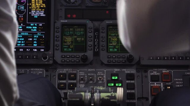 An aircraft pilot and his copilot press buttons and switches on the cockpit dashboard.